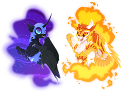 Size: 1338x991 | Tagged: dead source, safe, artist:rossignolet, character:daybreaker, character:nightmare moon, character:princess celestia, character:princess luna, species:alicorn, species:pony, bust, duo, ethereal mane, evil sisters, female, fluffy, galaxy mane, mane of fire, mare, open mouth, simple background, transparent background, two toned wings