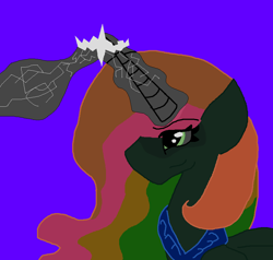 Size: 907x865 | Tagged: safe, artist:eeveeglaceon, character:princess celestia, species:alicorn, species:pony, blast, blue background, color change, darkened coat, devious, female, glowing horn, green eye, implied inversion, implied oc, implied ponified, implied skype, indigo background, inversion spell, invert princess celestia, inverted, inverted colors, inverted princess celestia, jewelry, magic, magic blast, purple background, rainbow hair, regalia, sidemouth, simple background, solo, tumblr, tumblr:the sun has inverted, violet background