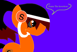 Size: 907x616 | Tagged: safe, artist:eeveeglaceon, oc, oc only, species:pony, black and dark red hair, black hair, blue background, brighter coat, color change, corrupted, dark red hair, darkened hair, earth pony oc, female, headset, inverted, inverted colors, lighter coat, orange coat, orange eye, petrification, ponified, possessed, sidemouth, simple background, skype, solo, tumblr, tumblr:the sun has inverted, two color hair, two colour hair, wide eyes, word balloon, word bubble