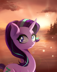 Size: 950x1200 | Tagged: safe, artist:skyeypony, character:starlight glimmer, species:pony, species:unicorn, crepuscular rays, cute, female, glimmerbetes, lake, long neck, mare, smiling, solo, sun