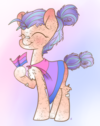 Size: 2000x2500 | Tagged: safe, artist:katyusha, oc, oc:maybree, species:earth pony, species:pony, bandaids, bisexual pride flag, bisexuality, female, filly, freckles, happy, lgbt, pride, pride flag, pride flag cape, purple hair, tomboy