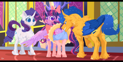 Size: 1802x919 | Tagged: safe, artist:rossignolet, character:flash sentry, character:rarity, character:twilight sparkle, character:twilight sparkle (alicorn), species:alicorn, species:pony, ship:flashlight, blushing, bow, boxers, chest fluff, clothing, curved horn, dress, embarrassed, embarrassed underwear exposure, featureless crotch, female, floppy ears, fluffy, hair bow, horn, male, mouth hold, scar, shipping, skirt, skirt lift, socks, story included, straight, two toned wings, underwear, upskirt, wardrobe malfunction