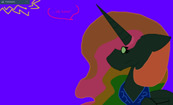 Size: 1256x762 | Tagged: safe, artist:eeveeglaceon, character:princess celestia, species:alicorn, species:pony, :l, :|, blue background, color change, darkened coat, female, follower count, followers, green eye, indigo background, invert princess celestia, inverted, inverted colors, inverted princess celestia, jewelry, necklace, purple background, rainbow hair, regalia, sidemouth, simple background, solo, tumblr, tumblr:the sun has inverted, violet background, word balloon, word bubble
