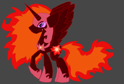 Size: 1280x872 | Tagged: safe, artist:eeveeglaceon, character:daybreaker, character:princess celestia, oc, oc:solar flare, species:pony, armor, darkened coat, female, fiery mane, gray background, nightmarified, simple background, solo