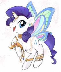 Size: 3000x3536 | Tagged: safe, artist:bigbuxart, character:rarity, species:pony, species:unicorn, butterfly wings, choker, crown, diadem, ear piercing, earring, female, gem, glimmer wings, gold, horn ring, jewelry, mare, necklace, pearl, piercing, regalia, sapphire, solo, tiara, wings