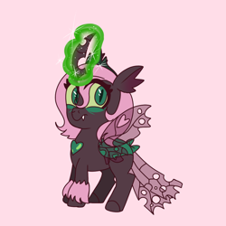 Size: 768x768 | Tagged: safe, artist:awoomarblesoda, oc, oc:yearning desire, parent:oc:fluffle puff, parent:queen chrysalis, parents:canon x oc, parents:chrysipuff, species:changepony, female, hybrid, interspecies offspring, magic, magical lesbian spawn, offspring, pink background, simple background, solo