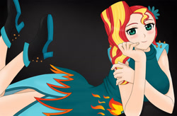 Size: 1600x1049 | Tagged: safe, artist:anonix123, character:sunset shimmer, species:human, clothing, dress, female, fiery shimmer, humanized, smiling, solo