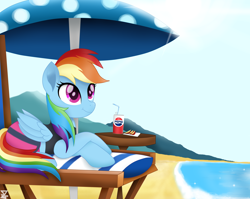 Size: 6900x5500 | Tagged: safe, artist:theretroart88, character:rainbow dash, species:pegasus, species:pony, my little pony:equestria girls, absurd resolution, beach, clothing, equestria girls outfit, equestria girls ponified, female, food, movie accurate, pepsi, ponified, soda, solo, swimsuit, umbrella, vacation