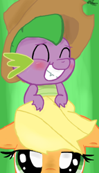 Size: 800x1400 | Tagged: safe, artist:misspolycysticovary, character:applejack, character:spike, ship:applespike, blushing, cute, eyes closed, female, green background, male, shipping, simple background, straight