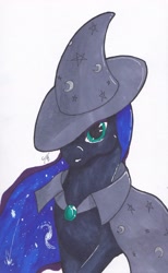 Size: 1504x2435 | Tagged: safe, artist:tunrae, character:princess luna, character:trixie, species:pony, cape, clothing, cosplay, costume, dressup, ethereal mane, female, galaxy mane, hat, marker drawing, simple background, solo, traditional art