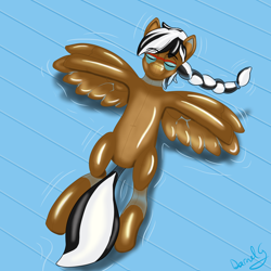 Size: 1500x1500 | Tagged: safe, artist:darnelg, oc, oc only, oc:mortarboard, species:pegasus, species:pony, floating, inflatable, inflatable pony, pool toy, pooltoy pony, relaxing, rubber pony, shiny, swimming