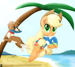 Size: 6200x5500 | Tagged: safe, artist:theretroart88, character:applejack, character:winona, species:pony, my little pony: the movie (2017), beach, clothing, equestria girls outfit, equestria girls ponified, frisbee, movie accurate, palm tree, ponified, swimsuit, tree
