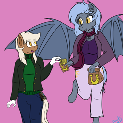 Size: 1500x1500 | Tagged: safe, artist:darnelg, oc, oc only, oc:panne, species:anthro, species:bat pony, species:earth pony, species:pony, species:unguligrade anthro, clothing, digital art, duo, duo female, epona, female, flying, food, membranous wings, sharing, sheikah slate, simple background, smiling, socks (coat marking), the legend of zelda, wings