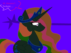Size: 1076x806 | Tagged: safe, artist:eeveeglaceon, character:princess celestia, species:alicorn, species:pony, blue background, blue sun, civil war, color change, crying, darkened coat, divided equestria, female, heartbreak, invert princess celestia, inverted, inverted colors, inverted princess celestia, rainbow hair, sadness, sidemouth, simple background, solo, tumblr, tumblr:the sun has inverted, wide eyes, word balloon, word bubble