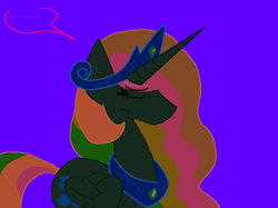 Size: 1076x806 | Tagged: safe, artist:eeveeglaceon, character:princess celestia, species:pony, ..., betrayed, blue background, blue sun, civil war, color change, crying, darkened coat, divided equestria, female, invert princess celestia, inverted, inverted colors, inverted princess celestia, sadness, sidemouth, simple background, solo, tumblr, tumblr:the sun has inverted, word balloon, word bubble