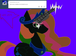 Size: 1076x806 | Tagged: safe, artist:eeveeglaceon, character:princess celestia, species:alicorn, species:pony, angry, ask, betrayal, blue background, blue sun, civil war, color change, correstia, corrupted, corrupted celestia, corruptia, darkened coat, divided equestria, female, glowing horn, green eye, implied fight, indigo background, insanity, inversion spell, invert princess celestia, inverted, inverted colors, inverted princess celestia, possessed, possession, possesstia, purple background, rage, rainbow hair, sidemouth, simple background, solo, tumblr, tumblr:the sun has inverted, violet background, word balloon, word bubble