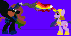 Size: 1280x652 | Tagged: safe, artist:eeveeglaceon, character:princess celestia, character:twilight sparkle, character:twilight sparkle (alicorn), species:alicorn, species:pony, angry, armor, beam struggle, blast, blue background, blue sun, civil war, color change, correstia, corrupted, corrupted celestia, corruptia, darkened coat, divided equestria, duo, duo female, female, fight, glowing horn, green eye, indigo background, insanity, inversion attempt, inversion spell, invert princess celestia, inverted, inverted colors, inverted princess celestia, magic, magic aura, magic beam, magic blast, multicolored magic, possessed, possesstia, purple background, rainbow, rainbow hair, rainbow magic aura, rainbow magic beam, rainbow magic blast, rainbow magic power, rainbow power, rebellion, resistance, reversal attempt, reversion attempt, sidemouth, simple background, tumblr, tumblr:the sun has inverted, violet background
