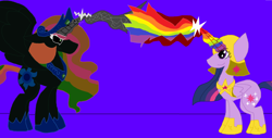 Size: 1280x652 | Tagged: safe, artist:eeveeglaceon, character:princess celestia, character:twilight sparkle, character:twilight sparkle (alicorn), species:alicorn, species:pony, angry, armor, beam struggle, blast, blue background, blue sun, civil war, color change, correstia, corrupted, corrupted celestia, corruptia, darkened coat, divided equestria, duo, duo female, female, fight, glowing horn, green eye, indigo background, insanity, inversion attempt, inversion spell, invert princess celestia, inverted, inverted colors, inverted princess celestia, magic, magic aura, magic beam, magic blast, multicolored magic, possessed, possesstia, purple background, rainbow, rainbow hair, rainbow magic aura, rainbow magic beam, rainbow magic blast, rainbow magic power, rainbow power, rebellion, resistance, reversal attempt, reversion attempt, shrunken pupils, sidemouth, simple background, tumblr, tumblr:the sun has inverted, violet background, wide eyes