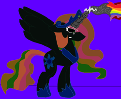 Size: 1280x1049 | Tagged: safe, artist:eeveeglaceon, character:princess celestia, species:alicorn, species:pony, angry, beam struggle, blast, blue background, blue sun, civil war, color change, correstia, corrupted, corrupted celestia, corruptia, darkened coat, divided equestria, female, fight, glowing horn, green eye, gritted teeth, indigo background, insanity, inversion attempt, inversion spell, invert princess celestia, inverted, inverted colors, inverted princess celestia, magic, magic aura, magic beam, magic blast, multicolored magic, possessed, possesstia, purple background, rage, rainbow, rainbow hair, rainbow magic aura, rainbow magic beam, rainbow magic blast, rainbow magic power, rainbow power, reversal attempt, reversion attempt, shrunken pupils, sidemouth, simple background, solo, tumblr, tumblr:the sun has inverted, violet background, wall of tags, wide eyes