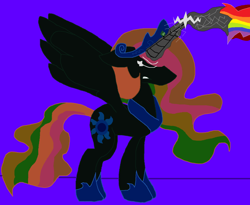 Size: 1280x1049 | Tagged: safe, artist:eeveeglaceon, character:princess celestia, species:alicorn, species:pony, angry, beam struggle, blast, blue background, blue sun, civil war, color change, correstia, corrupted, corrupted celestia, corruptia, darkened coat, divided equestria, eyes closed, female, fight, glowing horn, gritted teeth, indigo background, insanity, inversion attempt, inversion spell, invert princess celestia, inverted, inverted colors, inverted princess celestia, magic, magic aura, magic beam, magic blast, multicolored magic, possessed, possesstia, purple background, rage, rainbow, rainbow hair, rainbow magic aura, rainbow magic beam, rainbow magic blast, rainbow magic power, rainbow power, reversal attempt, reversion attempt, sidemouth, simple background, solo, tumblr, tumblr:the sun has inverted