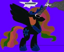 Size: 1280x1049 | Tagged: safe, artist:eeveeglaceon, character:princess celestia, species:alicorn, species:pony, angry, beam struggle, blast, blue background, blue sun, civil war, color change, correstia, corrupted, corrupted celestia, corruptia, darkened coat, divided equestria, female, fight, follower count, followers, glowing eyes, glowing horn, indigo background, insanity, inversion attempt, inversion spell, invert princess celestia, inverted, inverted colors, inverted princess celestia, magic, magic aura, magic beam, magic blast, possessed, possesstia, purple background, rage, rainbow hair, sidemouth, simple background, solo, tumblr, tumblr:the sun has inverted