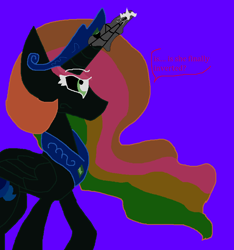 Size: 847x906 | Tagged: safe, artist:eeveeglaceon, character:princess celestia, species:alicorn, species:pony, blue background, blue sun, civil war, color change, concerned, correstia, corrupted, corrupted celestia, corruptia, darkened coat, divided equestria, female, glowing horn, green eye, indigo background, invert princess celestia, inverted, inverted colors, inverted princess celestia, possessed, possesstia, purple background, rainbow hair, sidemouth, simple background, solo, tumblr, tumblr:the sun has inverted, violet background, word balloon, word bubble