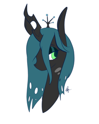 Size: 2000x2500 | Tagged: source needed, safe, artist:katyusha, character:queen chrysalis, species:changeling, changeling queen, crown, cute, cutealis, female, jewelry, looking at you, majestic, regalia, signature, simple background, solo, white background