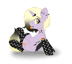Size: 4584x4091 | Tagged: safe, artist:hellishprogrammer, character:dinky hooves, species:pony, species:unicorn, icey-verse, clothing, ear piercing, earring, feather, female, goth, heart, horn ring, jewelry, lip piercing, mare, nose piercing, older, older dinky hooves, piercing, raised hoof, skull, snake bites, socks, solo, spider, tattoo, tongue out, wings, ych result