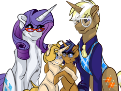 Size: 2732x2048 | Tagged: safe, artist:percy-mcmurphy, character:rarity, character:trenderhoof, oc, oc:jolly, oc:tonnerre, parent:rarity, parent:trenderhoof, parents:trenderity, species:pony, species:unicorn, brothers, clothing, colt, family, female, filly, glasses, huge, male, mare, offspring, shipping, simple background, stallion, straight, sweater, trenderity, white background