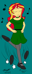 Size: 433x1000 | Tagged: safe, artist:pheeph, character:sunset shimmer, my little pony:equestria girls, celtic, clothing, dancing, female, green, irish, music notes, pantyhose, solo, tap dancing