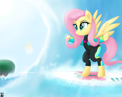 Size: 6900x5500 | Tagged: safe, artist:theretroart88, character:fluttershy, species:pegasus, species:pony, my little pony:equestria girls, beach, bipedal, clothing, equestria girls outfit, equestria girls ponified, female, hooves up, movie accurate, ocean, ponified, solo, sun, surfboard, surfing, swimsuit, tree, water, wetsuit, wings