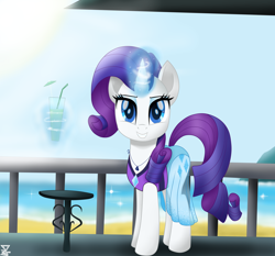 Size: 5900x5500 | Tagged: safe, artist:theretroart88, character:rarity, species:pony, species:unicorn, beach, clothing, cute, drink, equestria girls outfit, equestria girls ponified, female, jewelry, levitation, looking at you, magic, mare, movie accurate, necklace, ocean, ponified, raribetes, sarong, sky, smiling, solo, swimsuit, telekinesis