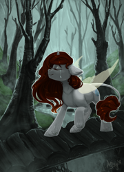 Size: 3000x4165 | Tagged: safe, artist:amishy, oc, oc only, species:pony, crying, eyes closed, female, fog, forest, horn, scenery, solo, tree, unknown species