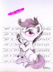 Size: 881x1200 | Tagged: safe, artist:lailyren, artist:moonlight-ki, character:scootaloo, species:bird, species:chicken, species:pegasus, species:pony, inktober, female, filly, scootachicken, scootaloo is not a chicken, solo