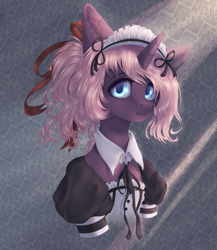 Size: 2000x2300 | Tagged: safe, artist:rinioshi, artist:wopphank, oc, oc:amelie ross, species:pony, species:unicorn, bust, clothing, looking at you, maid, ponytail, solo