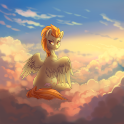 Size: 2388x2388 | Tagged: safe, artist:dragonataxia, character:lightning dust, species:pegasus, species:pony, cloud, digital art, female, looking back, mare, sitting, sky, solo, spread wings, wings