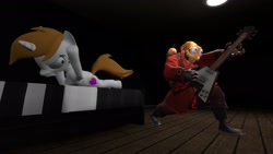 Size: 1920x1080 | Tagged: safe, artist:sevenxninja, derpibooru original, oc, oc only, oc:love biscuit, species:pony, species:unicorn, 3d, angry, bed, dark room, gmod, guitar, light, loud noises, pyro, team fortress 2, trying to sleep, wooden floor