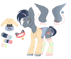 Size: 5494x4546 | Tagged: safe, artist:hellishprogrammer, oc, oc only, oc:purring feathers, species:pegasus, species:pony, cat, clothing, collar, hoodie, male, paws, reference sheet, simple background, socks, solo, stallion, striped socks, transparent background