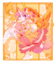 Size: 1166x1307 | Tagged: safe, artist:rossignolet, character:philomena, character:princess celestia, species:alicorn, species:phoenix, species:pony, clothing, dress, female, smiling