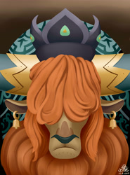 Size: 4000x5401 | Tagged: safe, artist:poecillia-gracilis19, character:prince rutherford, species:yak, bell, brown background, bust, crown, ear piercing, earring, frown, gradient background, hair over eyes, hidden eyes, horns, jewelry, male, piercing, portrait, regalia, simple background, solo, yakyakistan