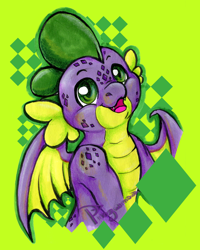 Size: 2020x2530 | Tagged: safe, artist:pingwinowa, character:spike, species:dragon, baby, baby dragon, cute, fangs, freckles, green background, green eyes, happy, looking at you, male, mixed media, scales, signature, simple background, smiling, spikabetes, winged spike, wings