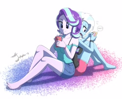 Size: 4096x3332 | Tagged: safe, artist:jeglegator, character:starlight glimmer, character:trixie, species:human, ship:startrix, my little pony:equestria girls, barefoot, blue skin, cellphone, clothing, cute, denim shorts, diatrixes, feet, female, frustrated, gamer girl, glimmerbetes, gym shorts, happy, legs, lesbian, multicolored hair, phone, pocket ponies, purple eyes, shiny skin, shipping, shorts, side slit, sitting, sitting on floor, smartphone, smiling, strap slip, tank top, tomboy, white hair, wristband