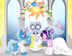 Size: 2552x1972 | Tagged: safe, artist:poseidonathenea, character:mr. waddle, character:starlight glimmer, character:trixie, species:pony, ship:startrix, bow tie, clothing, dress, female, flower, lesbian, marriage, priest, shipping, tuxedo, wedding, wedding dress, wedding veil