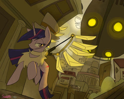 Size: 1280x1024 | Tagged: safe, artist:swomswom, character:twilight sparkle, species:pony, species:unicorn, artificial wings, augmented, city, clothing, female, hat, lidded eyes, mare, mechanical wing, solo, steampunk, top hat, wings