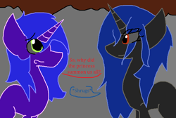 Size: 938x631 | Tagged: safe, artist:eeveeglaceon, character:prince blueblood, oc, oc only, oc:princess blueblood, oc:wild sketch, species:pony, fanfic:on a cross and arrow, blue hair, color change, crowd, dark gray coat, dark grey coat, darkened coat, darkened hair, female, inverted, inverted colors, inverted princess blueblood, inverted wild sketch, light green eye, mare, ponies in a crowd, red eye, rule 63, shrug, sidemouth, tumblr, tumblr:the sun has inverted, unicorn oc, word balloon, word bubble