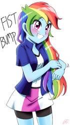 Size: 700x1250 | Tagged: safe, artist:tastyrainbow, character:rainbow dash, character:sonic the hedgehog, my little pony:equestria girls, ashleigh ball, blushing, clothing, compression shorts, crossover, cute, dashabetes, female, happy, miniskirt, moe, non-shipping, shorts, skirt, solo, song reference, sonic forces, sonic the hedgehog (series)