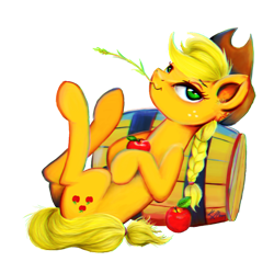 Size: 1024x1019 | Tagged: safe, artist:lailyren, artist:moonlight-ki, character:applejack, species:pony, apple, applejack's hat, barrel, clothing, cowboy hat, female, food, hat, leaning, leaning back, legs in air, looking at you, on back, simple background, solo, sticker, straw in mouth, transparent background, wavy mouth