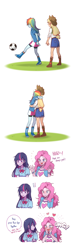 Size: 1096x3660 | Tagged: safe, artist:dcon, character:applejack, character:pinkie pie, character:rainbow dash, character:twilight sparkle, ship:appledash, equestria girls:equestria girls, g4, my little pony: equestria girls, my little pony:equestria girls, applejack's hat, ball, blushing, boots, bow, bow tie, clothing, comic, compression shorts, cowboy hat, denim skirt, dialogue, exclamation point, female, football, freckles, grass, hat, heart, hug, implied kissing, kicking, lesbian, omg, open mouth, parody, pointing, scene parody, shipping, shirt, shoes, shorts, simple background, skirt, smiling, sports, stetson, watching, white background, wristband