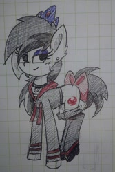 Size: 1440x2151 | Tagged: safe, artist:whitelie, oc, oc only, oc:white lie, species:pony, bow, clothing, female, graph paper, jewelry, mare, ribbon, rule 63, solo, tiara, traditional art