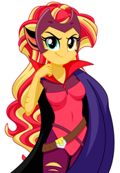 Size: 1000x1440 | Tagged: safe, artist:rosemile mulberry, character:sunset shimmer, my little pony:equestria girls, belt, cape, catra, clothing, cosplay, costume, female, heterochromia, she-ra, she-ra and the princesses of power, simple background, solo, white background